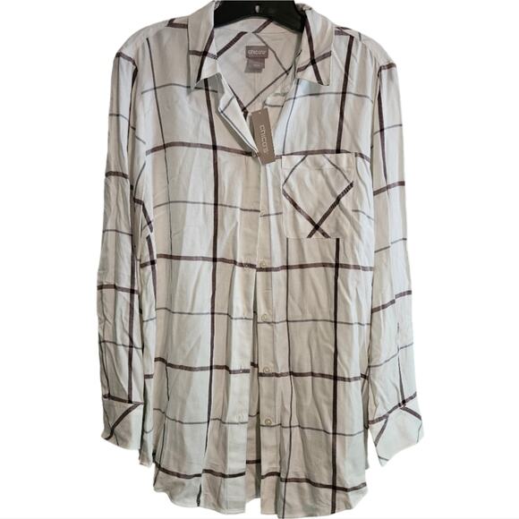 CHICO'S Womens Size 1 Medium Plaid Button Up Blouse Top Long Sleeve White - Picture 1 of 7